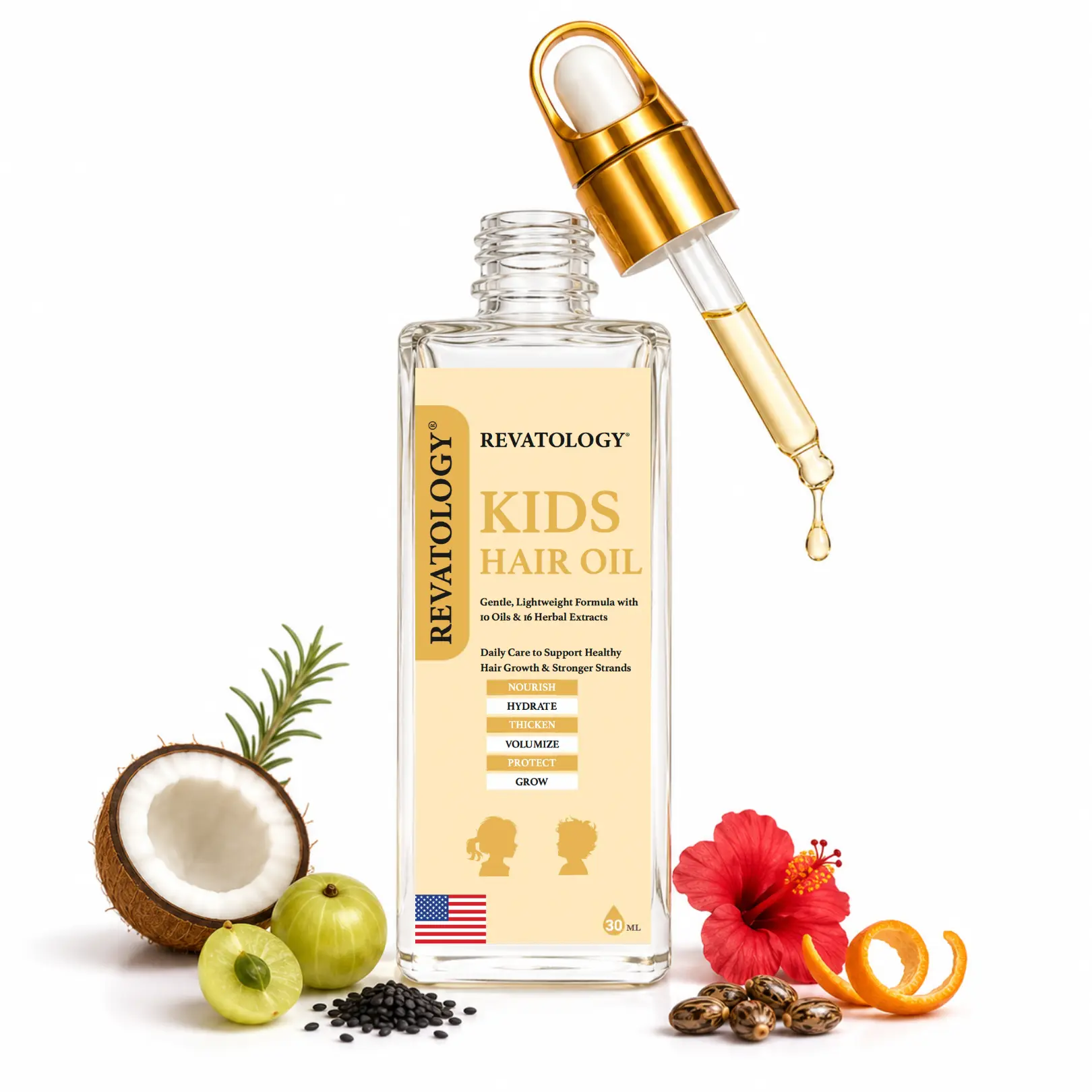 Revatology Kids & Baby Hair Oil, Gentle Pre-Wash Dry/Itchy Scalp, Coconut, Rosemary, Castor, Amla +25 Botanicals Hair Oil for Toddlers, Curly & All Hair Types, Ayurvedic (Made in USA)