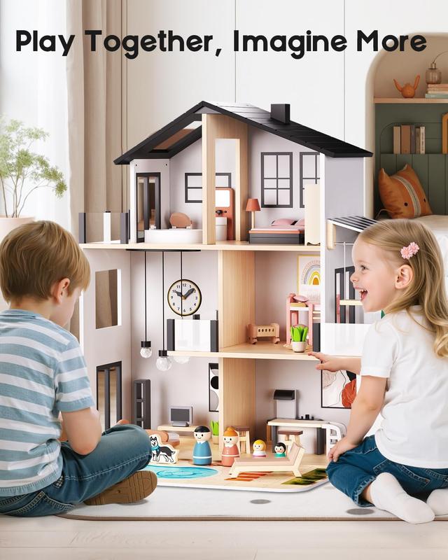 BIERUM Large Modern Wooden Dollhouse with 49Pcs Furniture, Dolls & Pets，DIY Puzzle Pool & Yard, Ideal Gift for Boys & Girls 3+