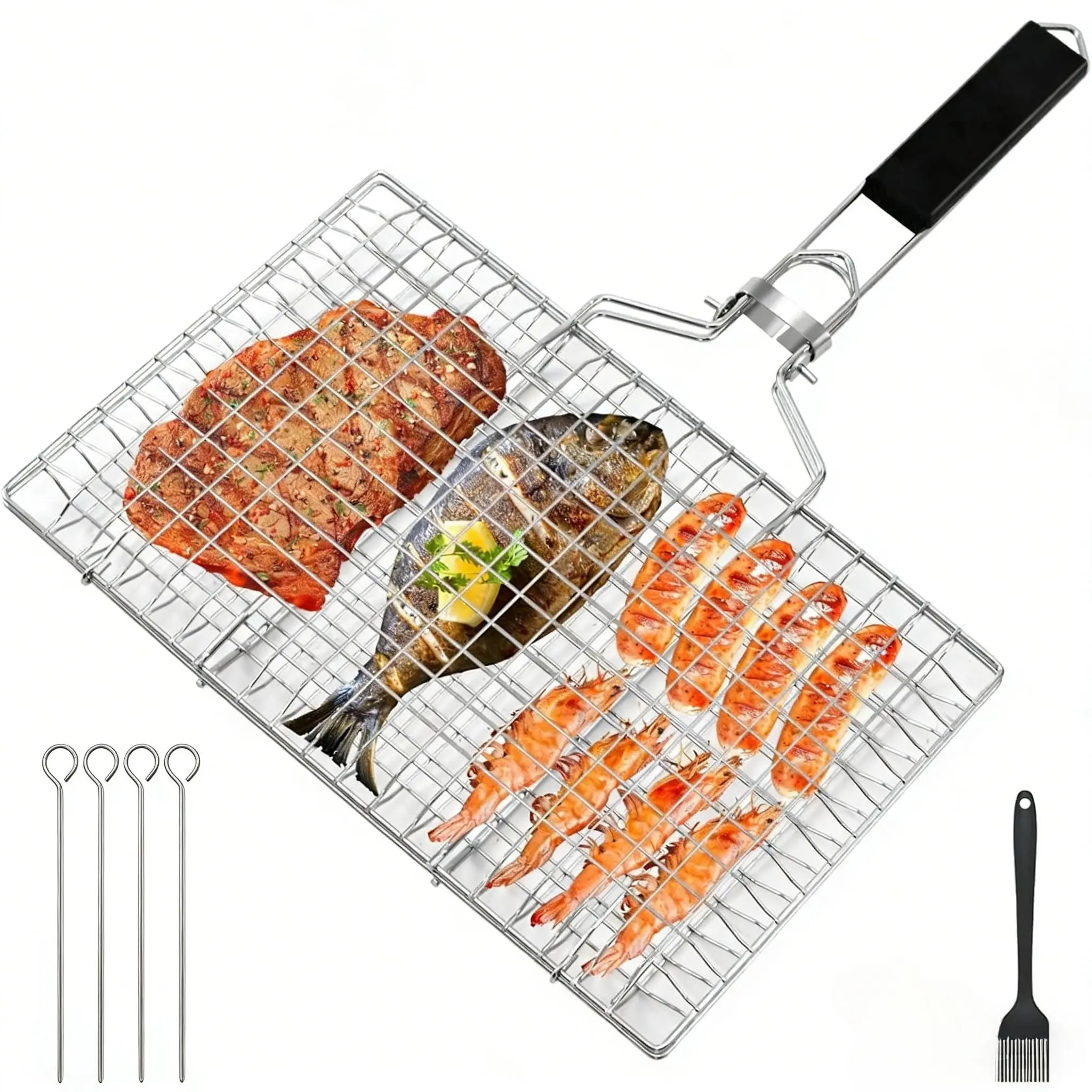 Foldable Portable Stainless Steel BBQ Basket, Barbecue Utensils, Barbecue Cooking Kitchen, Grilling Tools, Ideal for Grilling Fish Vegetables Shrimp, Detachable Handle, Perfect Father's Day Gift