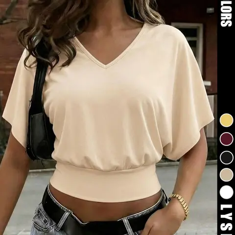 Women's Casual Minimalist Basic Fashion Sporty Plain V-Neck Loose Fit Waist Cinched Short Sleeve Top, Casual Everyday Tee, Comfortable and Stylish Summer Wear, Womenswear