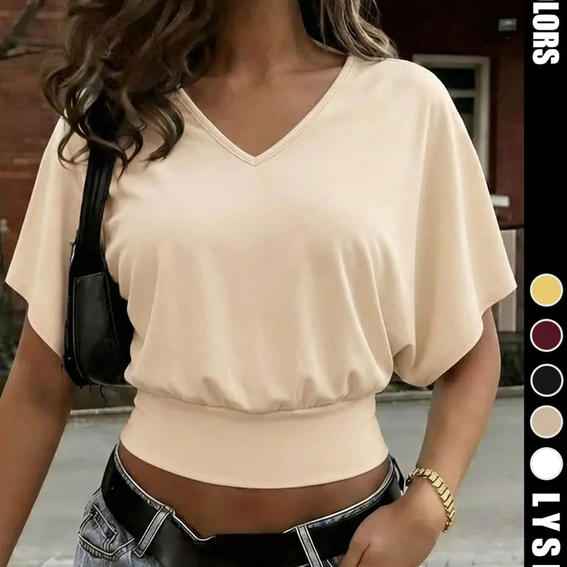 Women's Casual Minimalist Basic Fashion Sporty Plain V-Neck Loose Fit Waist Cinched Short Sleeve Top, Casual Everyday Tee, Comfortable and Stylish Summer Wear, Womenswear