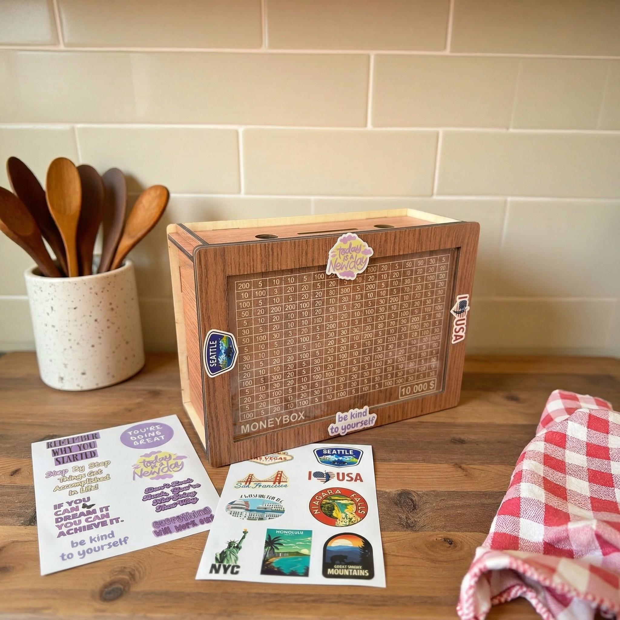 10,000 US dollars savings challenge box, self-disciplinemachine, DIY decoration box, equipped with various printed stickers, the best gift choice, Mother's Day gift budget savings machine, Children's Day gift