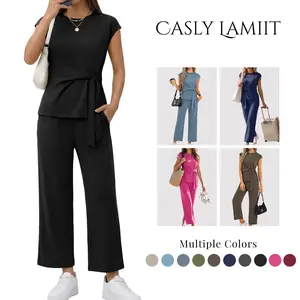 Casly Lamiit Lady's 2-Piece Basic Matching Classy Set - Lightweight, Breathable, Comfortable Soft Fabric Round Neck Shortsleeve Top with Belted Tie, Cropped Wide Leg Pants - Versatile Travel & Everyday Wear,summervibes outdoorfun