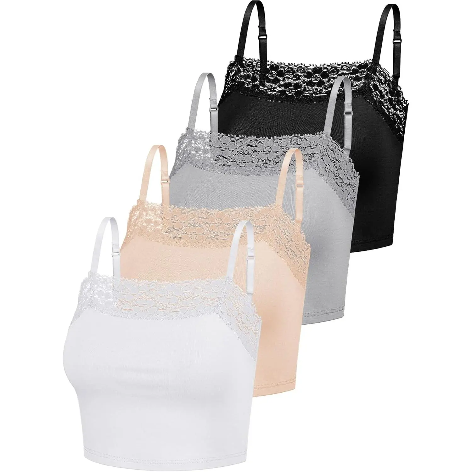 Comfortable Acrylic Fiber Lace Trim Cami Bralettes Spaghetti Strap Crop Tops Adjustable Straps Easy to Match 4 Pcs Women's Plain Bandeau