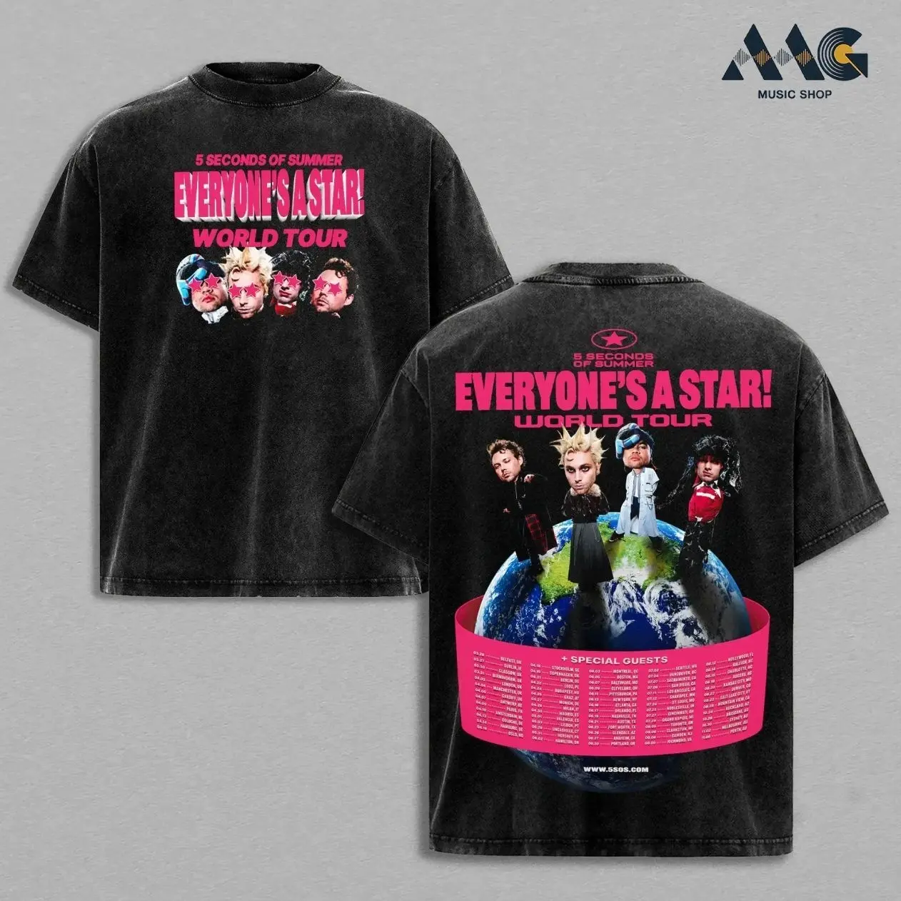 5 Seconds Of Summer Band Washed Oversized T-Shirt, EVERYONE’S A STAR! 5SOS World Tour 2026 Men's T-shirt Unisex Oversize Rock Pop-rock Band Cotton Gift For Rock Music Lovers Y2K Outfits Vintage 90s Graphic