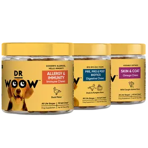 Dr Woow Starter Bundle | Skin & Coat Omega Chews, Pre Pro & Post Biotics Digestive Chews, Allergy & Immunity Immune Chews for Dogs
