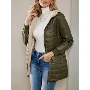 Fleece Lined Zip Up Coat, Casual Long Sleeve Fabric-padded Coat, Women's Clothing