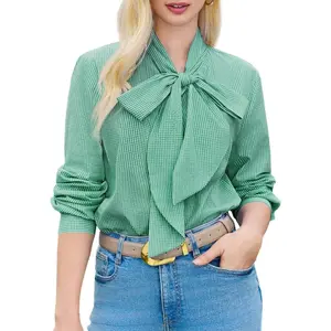 Women's Cute Fitted Collared Gingham Top - Long-Sleeve Button-Down Lady's Blouse with Bow-Tied Neck, Straight Silhouette, Casual Dressy Clothes for Jeans Pairing