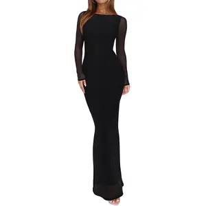 OYS Women's Fall Long Sleeve Mesh Sheer Floral Bodycon Wedding Guest Maxi Long Dresses