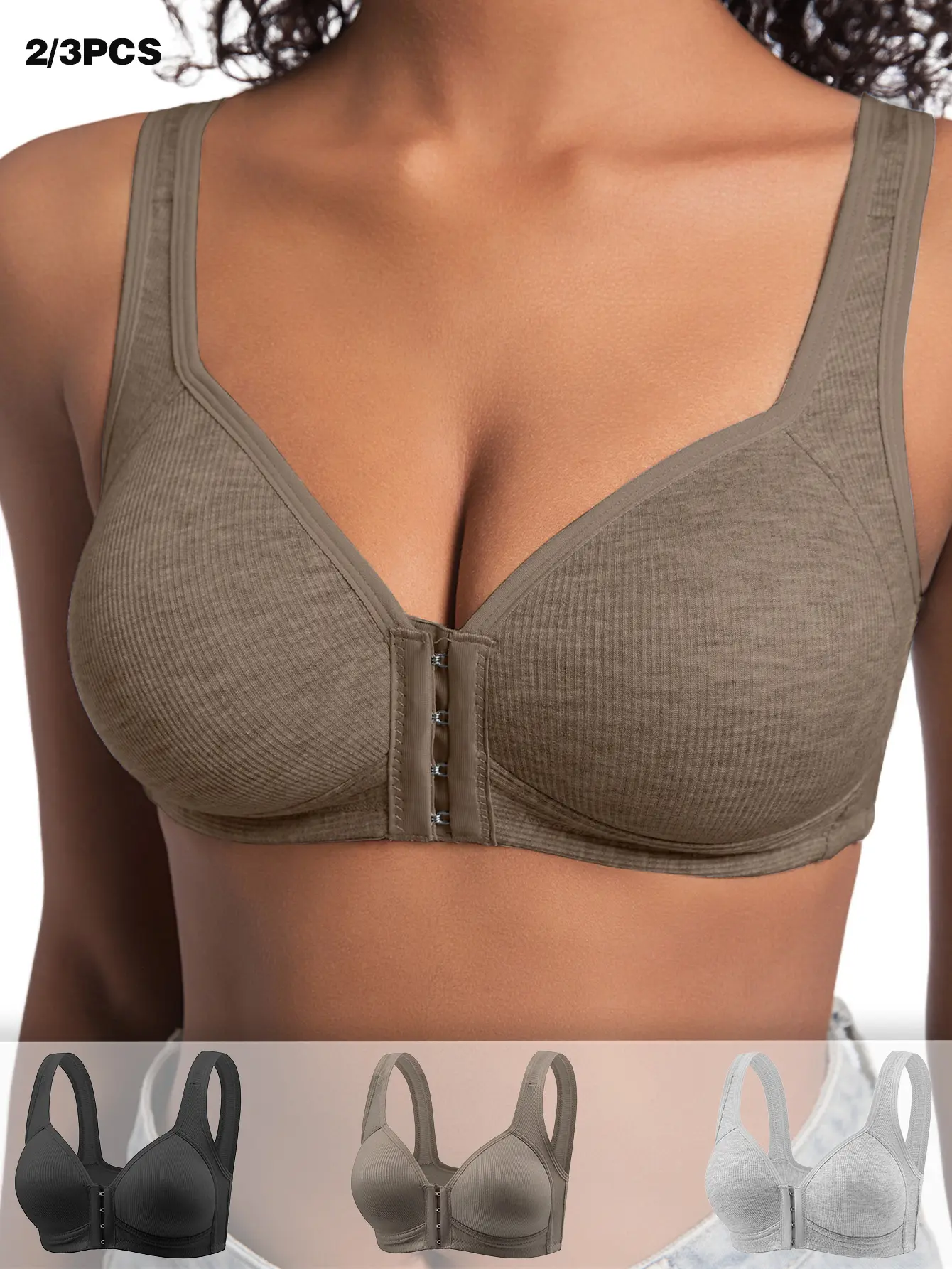 Women’s basic push-up bra (2/3-pack), wire-free, front closure, featuring seamless cool-touch fabric and a crisscross shoulder strap back design for comfortable, close fit for everyday wear 【B】 padded push-up style Padded Push Up Fashion