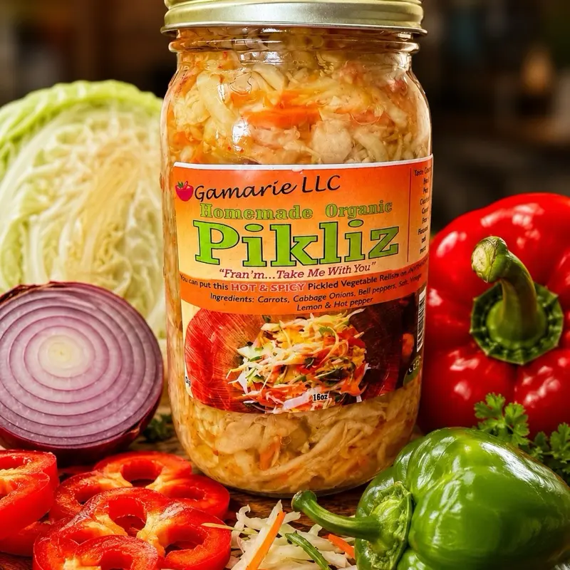 Homemade Organic Pikliz, Spicy Haitian Slaw with Fresh Vegetables for Caribbean Cuisine Lovers