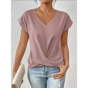 Elegant Beige V-Neck T-Shirt for Women – Lightweight and breathable with a chic knot detail, short sleeves – ideal for casual wear – polyester blend, machine washable, everyday elegant top | V-neck blouse | Polyester blend tops fit loose medium