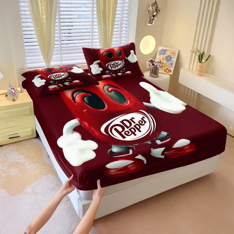 Dr Pepper Brand Theme Fitted Sheet Set, Red Humanoid Fun Drink Can, Soft Skin-Friendly Dustproof Anti-Wrinkle, Trendy Bedroom Decor for Brand Lovers, Include 1 Fitted Sheet & 2 Pillowcase without Core