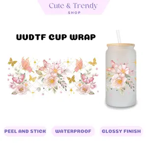 BUTTERFLY PINK FLORAL  UVDTF Wrap for 16oz Cups uvdtf wrap