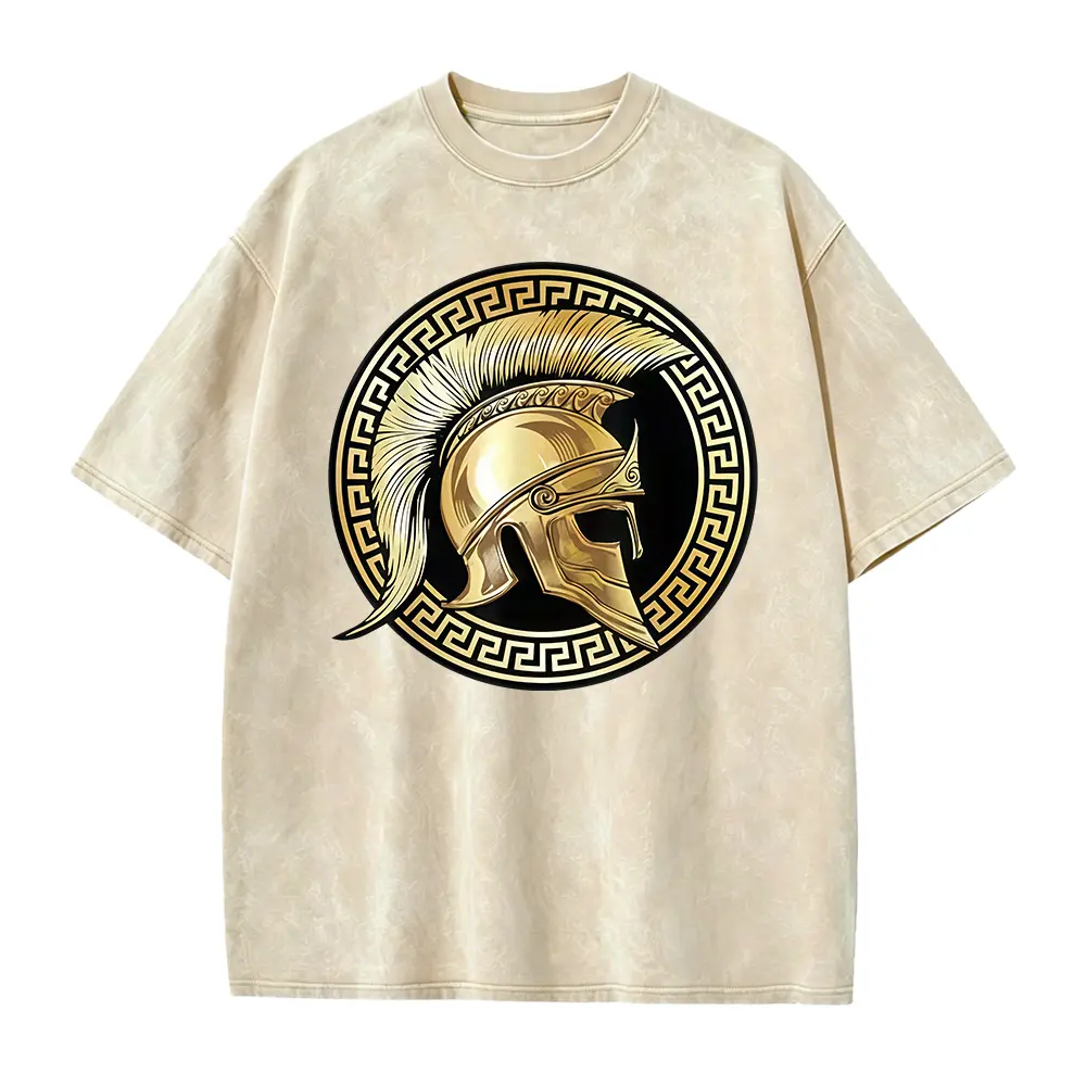 Golden Spartan Helmet Greek Key Circle Graphic Tee, Ancient Greece Gladiator Retro Men Short Sleeve T-Shirt, History Lover Gym Casual Top