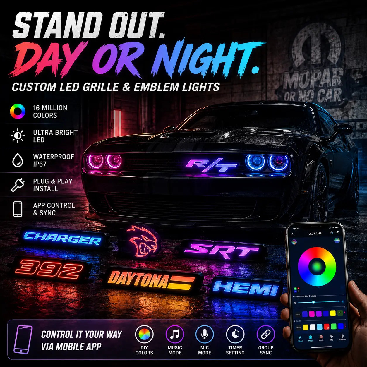 305CarbonCustoms RGB Flow And SolidColor LED Emblems fit for SRT Hellcat Scat Pack Dodge Charger Challengerand more with Dynamic Light Effects &Smartphone Control - Premium Quality Upgrade