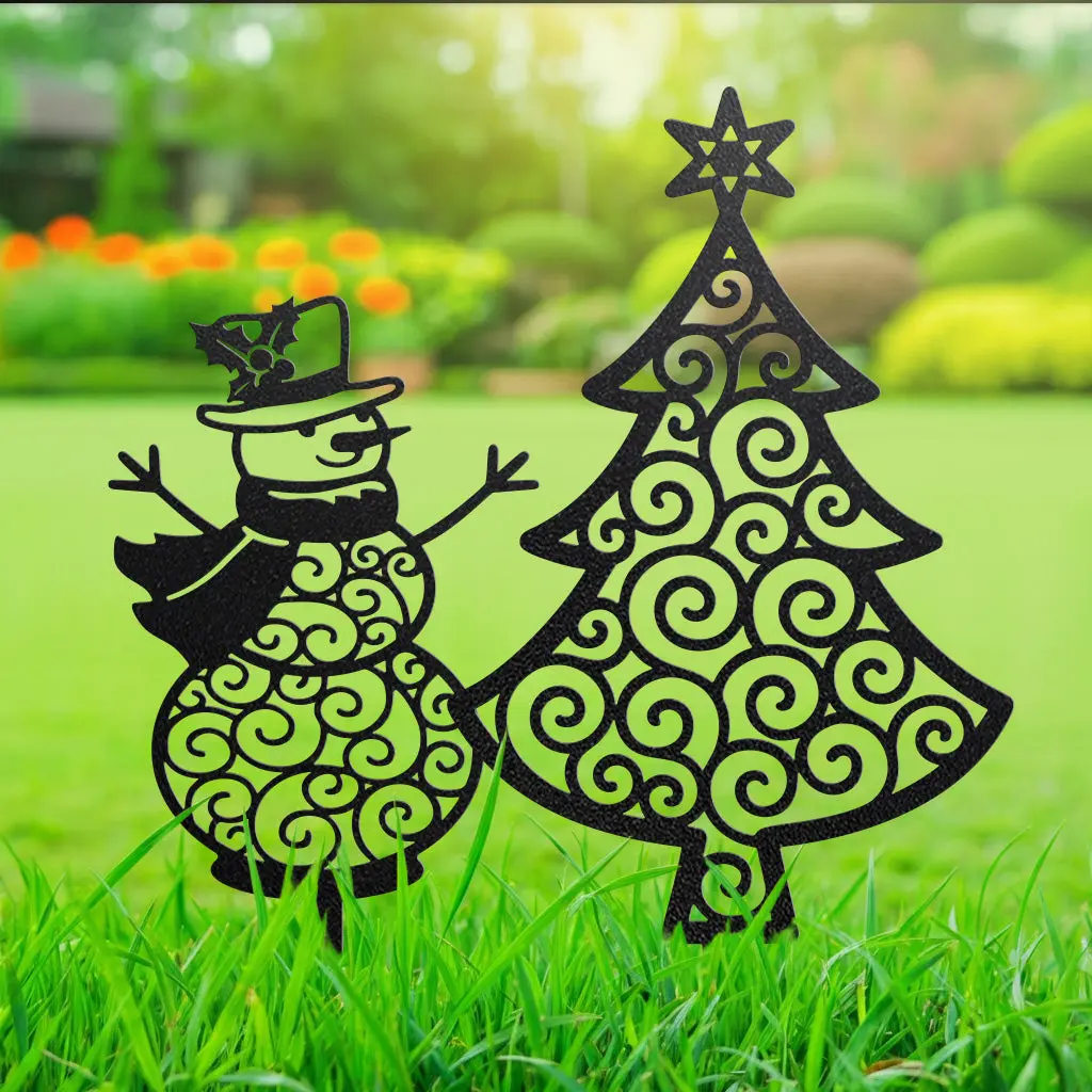 Happy Snowman Christmas Tree Garden Stake Set