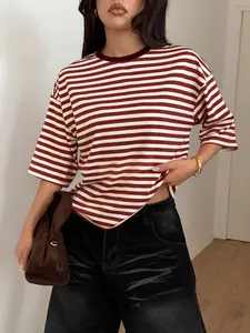 Burgundy Stripe Oversized T Shirt Womens Loose Fit Short Sleeve Crew Neck Tee Casual Vintage Streetwear Soft Cotton Top Everyday Wear Y2K Minimal Chic Going Out Fashion Summer Basic Tee Lady Piece