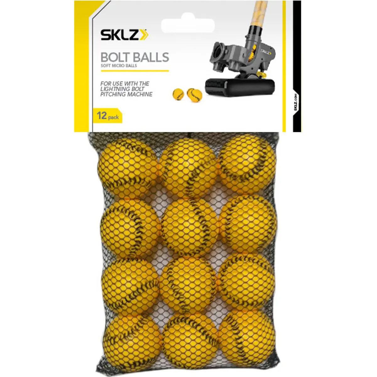 SKLZ Bolt Soft Foam Micro Ball Set, Lightweight 12-Pack for Hitting, Batting, and Soft Toss Practice, Yellow, 4" Circumference