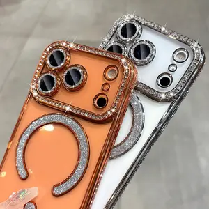 NEW Orange Luxury Sparkle Diamond Transparent Magnetic Case for iPhone 17 16 15 14 13 12 ProMax 17Air Full Lens Coverage Soft Cover