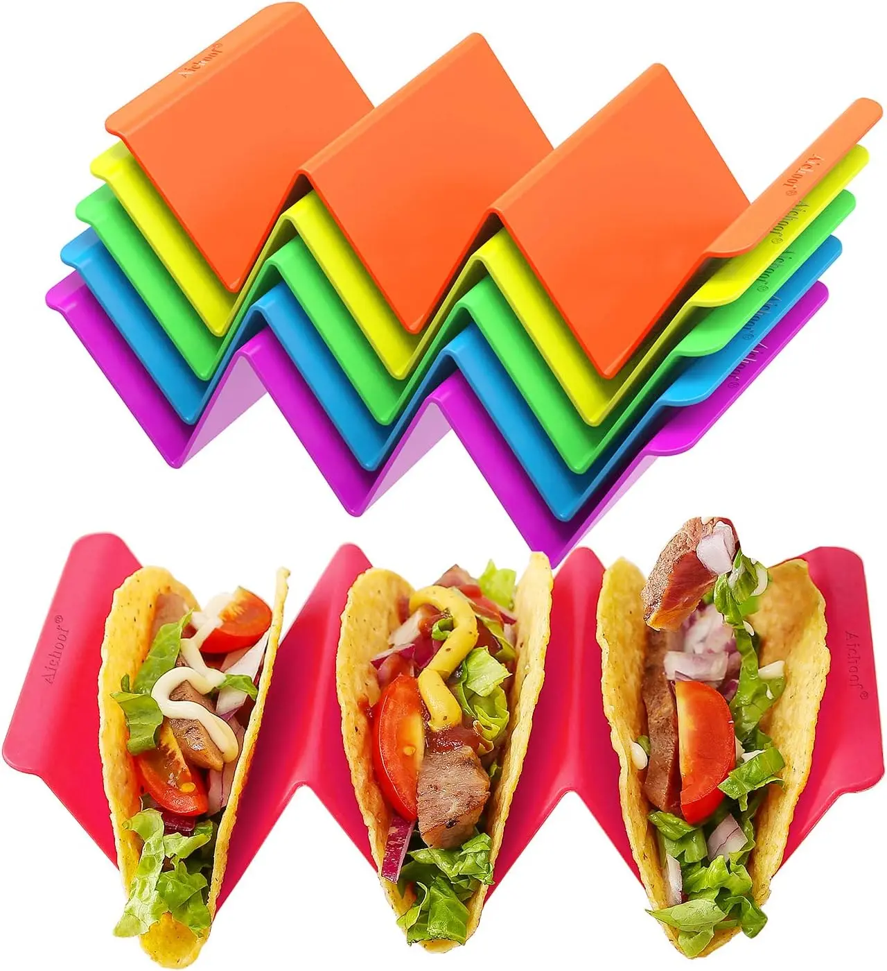 Colorful Taco Holder Stands Set of 6 - Premium Large Taco Tray Plates Holds Up to 3 or 2 Tacos Each, PP Health Material Very Hard and Sturdy, Dishwasher & Microwave Safe Kitchen Utensils Bpa Triangle