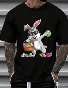 100% Cotton Vintage Clothing Easter Bunny With Sunglasses Holding Basket Of Colorful Eggs And Easter Eggs On Ground Graphic T Shirt For Men Women Unisex Casual Holiday Apparel Spring Festival Gift Wear Easter Gifts