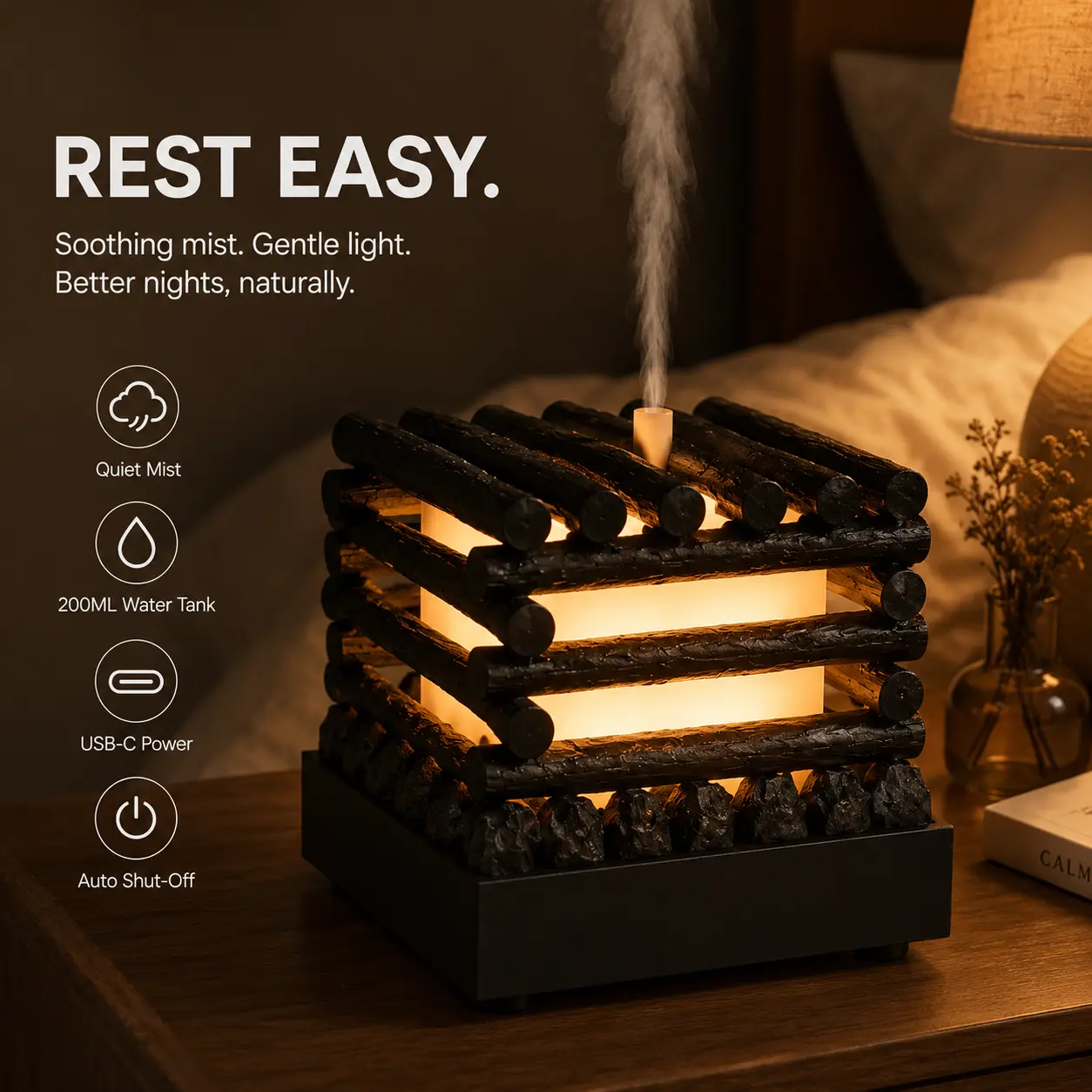 200ML Diffuser Humidifier with Warm Ambient Light, USB-C Powered Cool Mist Essential Oil Diffuser, Cozy Cabin Desktop Home Decor for Bedroom, Office & Nightstand, Black/White
