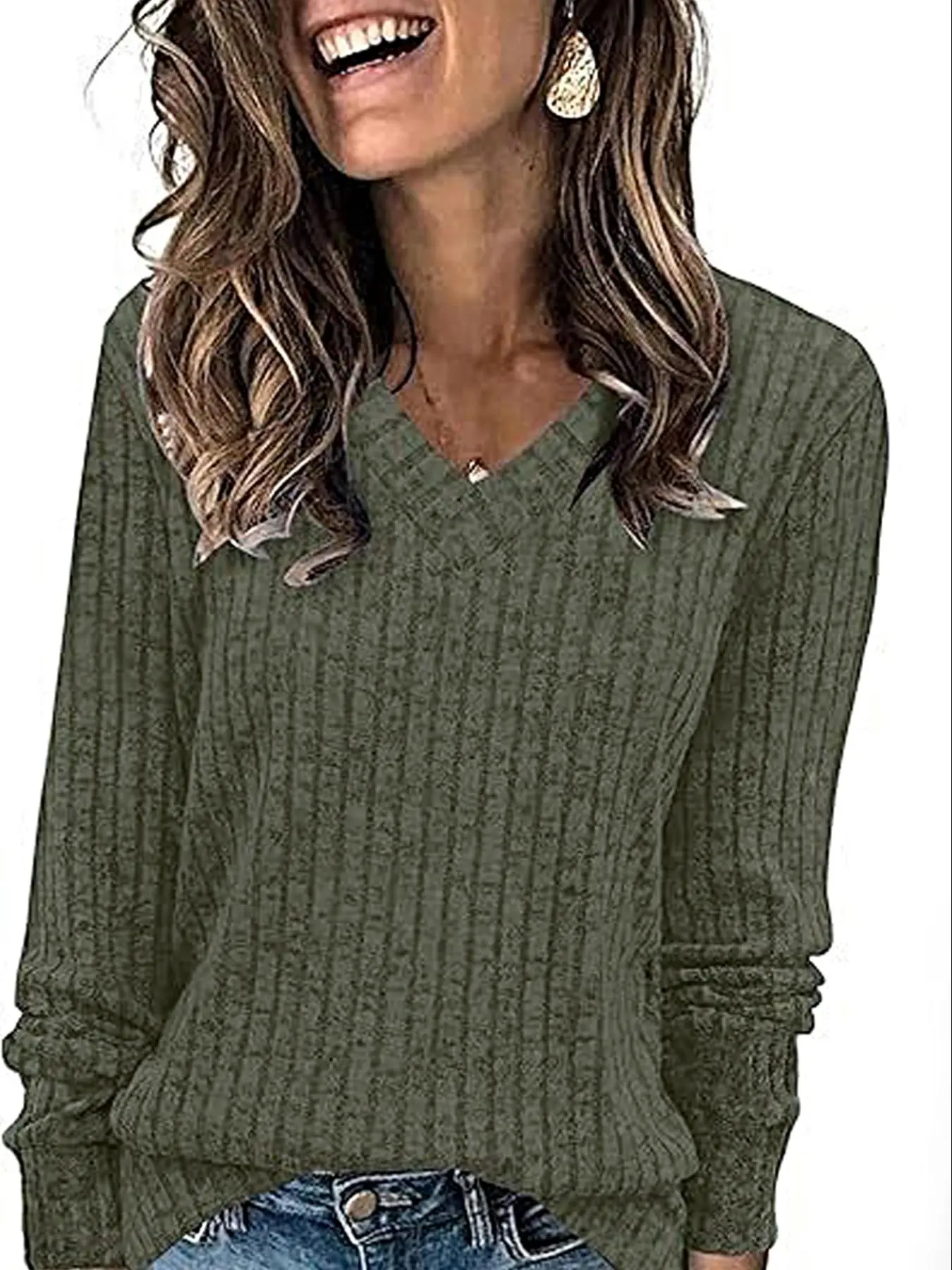 Women's Plain V Neck Fitted T-shirt, Soft Casual Long Sleeve Jumper for Fall & Winter, Fashion Chic Style Ladies' Knitwear Clothing for Daily Wear Top