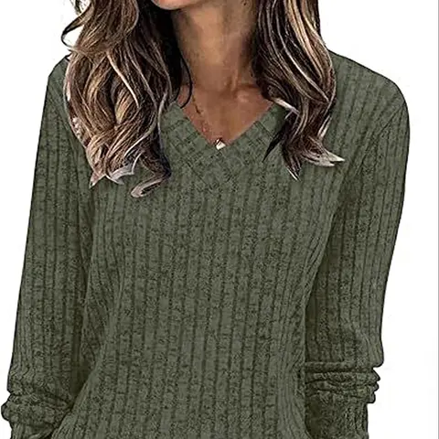 Women's Plain V Neck Fitted T-shirt, Stretchy Soft Knit Casual Long Sleeve Jumper for Fall & Winter, Fashion Chic Style Ladies' Knitwear Clothing for Daily Wear Top