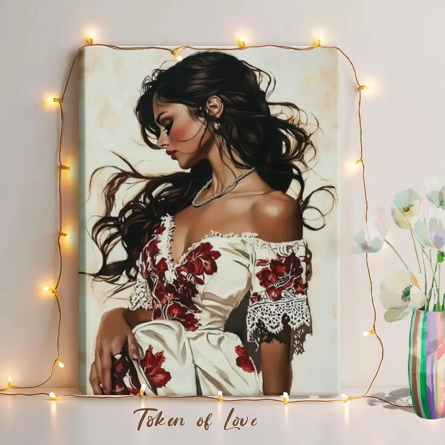 Chicana Latina Aesthetic Vintage Oil Painting Portrait Wall Art - Artistic Wood-Framed Wrapped Canvas Print, Traditional Mexican Embroidery Dress Woman with Red Roses, Water-Resistant Cultural Heritage Decoration for Living Room, Artist Gift