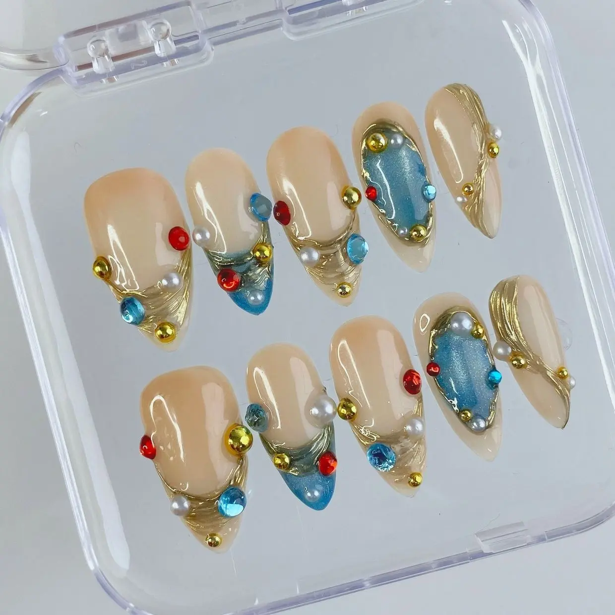 Ocean Treasure Press On Nails, Blue Shell French Tips, Gold Seashell Texture, Pearl & Crystal Gem Design, Handmade Luxury Beach Vacation Gel Nail Set
