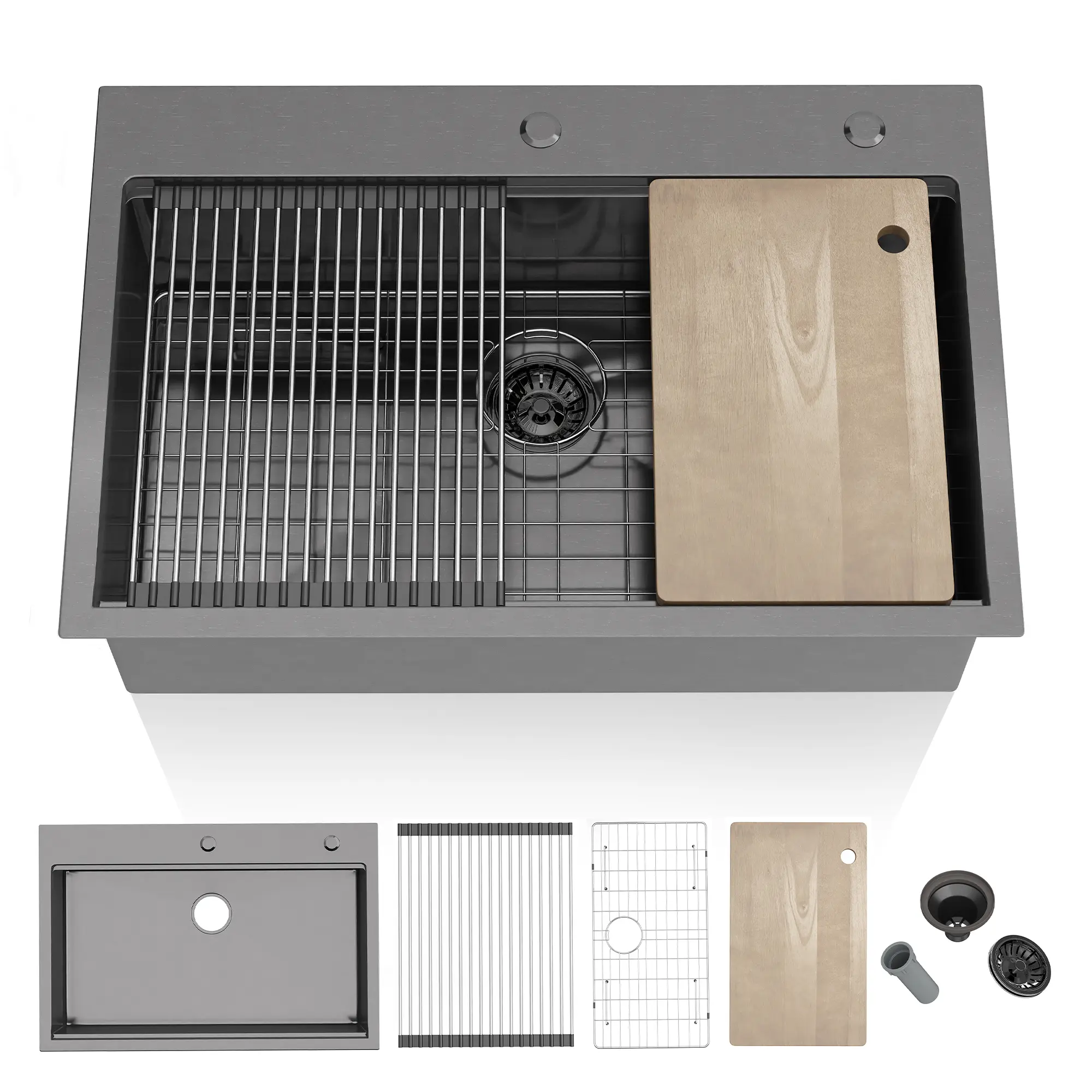 Black/Sliver Large Kitchen Sink with Stainless Steel Bottom Grids, Cutting Board Drop In Single Bowl Top Mount Sinks ‎33"D x 22"W x 10"H
