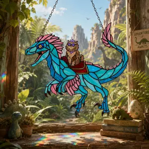 Fantasy Princess Cat Riding Dragon Acrylic Suncatcher Whimsical Dinosaur Adventure Window Hanging Reader Gift