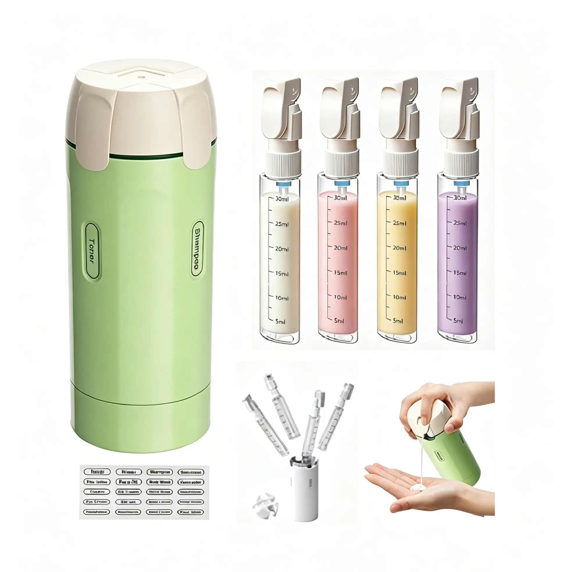 4-Piece 30ml 4-in-1 Rotatable Pump Travel Cosmetic Dispenser Bottle Set - Eco-Friendly Dual Locking Leakproof, Compact Hard Shell Case, Easy Clean Refillable, Checkpoint-Friendly for Business Trips, Party Gift (Home & Party Supplies), Shower Gel, Space-Sa