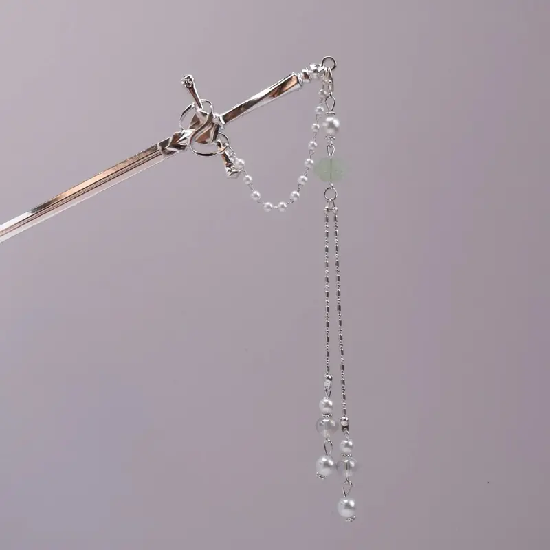 Jade Lotus Sliver Hair Sword Hair Pin with Pearl Chains and Green Stone Accent for Elegant Hairstyles