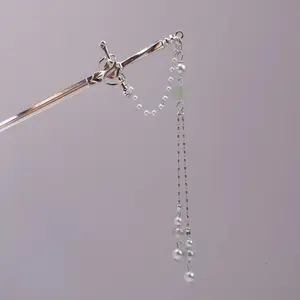 Jade Lotus Sliver Hair Sword Hair Pin with Pearl Chains and Green Stone Accent for Elegant Hairstyles
