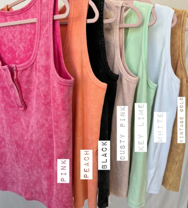 Malibu Acid Washed Henley Tank Top