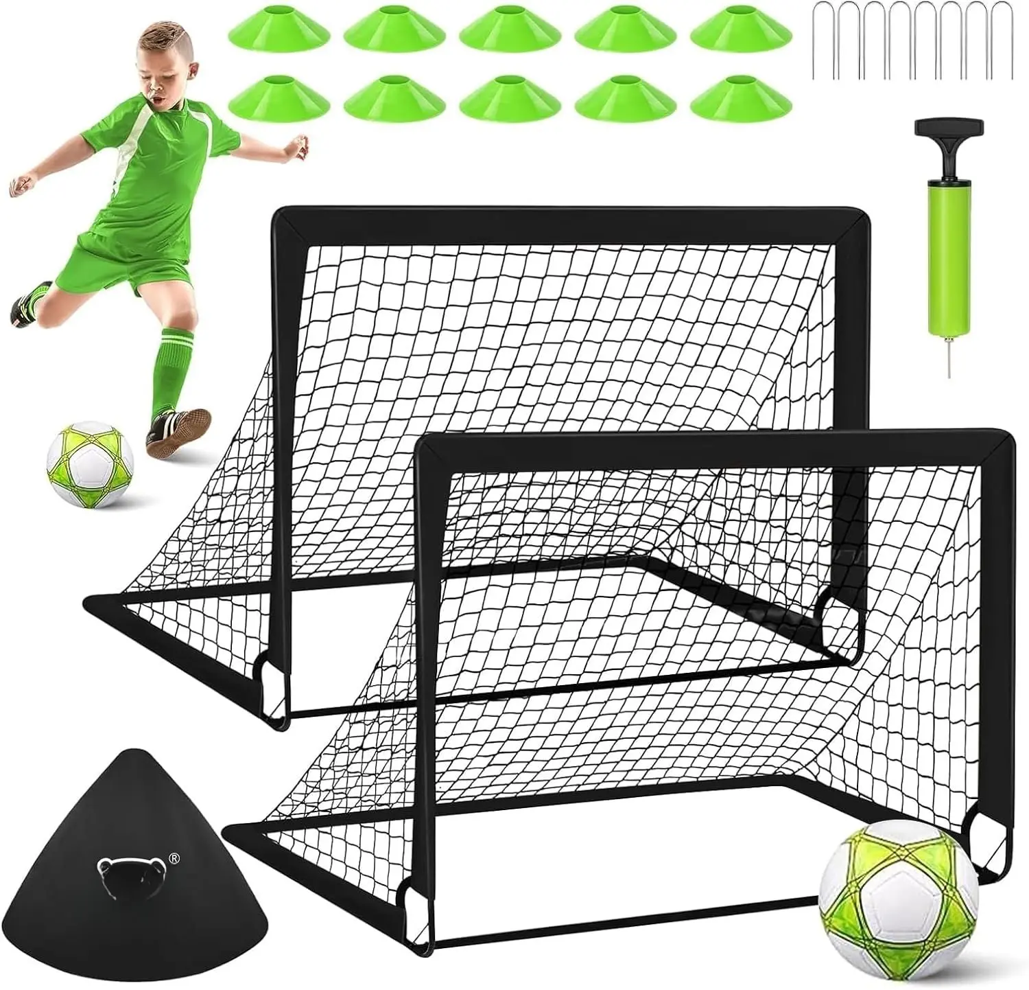 2 Soccer Goal of 4X3 FT for Backyard, Portable Football Goal  Equipment with Soccer Ball, 10 Football Cones, Carry Bag, Practice Net for Youth ,