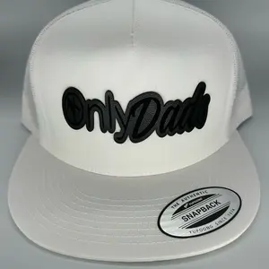 Yupoong classic Flatbill SnapBack in solid white featuring our blackout series OnlyDads leather patch trucker hat hats unisex hat funny trucker viral for casual hat new snapback hat
