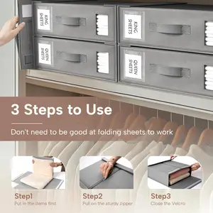 Criusia Foldable Bed Sheet Storage Boxes, Set of 4 | Stackable Bed Sheet Organizer and Storage - Fabric Linen Storage Bins for Bedding Sets, Pillowcases - Foldable Closet Organizer with Label Slot Window