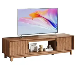 58" Mid-Century Modern Wood TV Stand with Fluted Panel Doors, Spacious Storage Cabinets & Open Shelf, Built-in Cable Management System, Sturdy Solid Wood Legs, Ideal for TVs Up to 65 Inches, Perfect for Living Room, Office & Bedroom