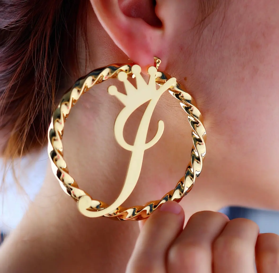 Crowned Custom Initial Hoops, Fashion Costume Jewelry Earrings for Women