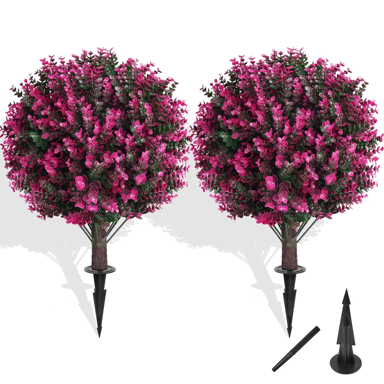 FZHCZWZX 2-Pack Synthetic Plastic Artificial Topiary Trees with Pink Eucalyptus, UV-Resistant Fake Evergreen Shrubs, Artificial Trees Outdoor for Balcony Porch Indoor-Outdoor Planter Decor