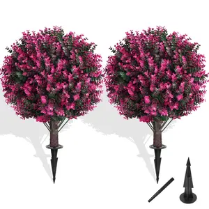 FZHCZWZX Artificial Topiary Tree with Pink Eucalyptus Set of 2 UV Resistant Fake Evergreen Shrubs for Porch & Indoor Outdoor Planters Decorative Ornaments