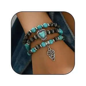 QTurquoise Western Cowgirl Bracelets For Women Handmade Stackable Turquoise Beaded Stretch Bracelet Vintage Rodeo Western Jewelry Set Country Cowboy Outfit Accessorieso
