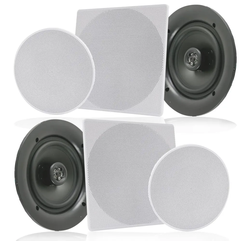 6.5 in Custom Audio Speakers (Pyle PDIC1666) - In-Wall/Ceiling Mount, 200W Stereo Sound, Polypropylene Cone, Round-Square Design, ABS Plastic Construction, Resistant Build, Secure Connection, Home Office Use, W/ Installation Hardware