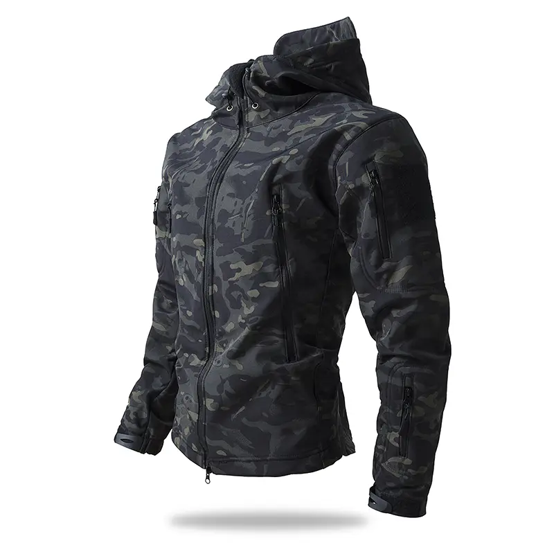 Men's Camo Multi-Pocket Workwear Jacket Outdoor Fleece Hooded Mountaineering Rock Climbing Windproof Coat Motorcycle Off-Road Rider Jacket