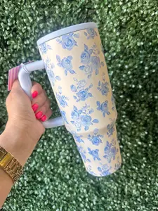 Blue Floral 40oz Flip Straw Spill Proof Tumbler