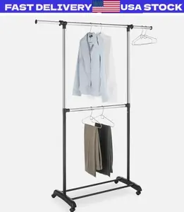 Adjustable 2-Rod Garment Rack Rolling Clothes Organizer Rack