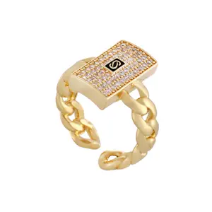 Women’s 1-Piece Cuban Chain Design Geometric Open Ring, Jeweled Full-Stone Luxury Gold Ring, Gold Rings, Luxury Gold Rings
